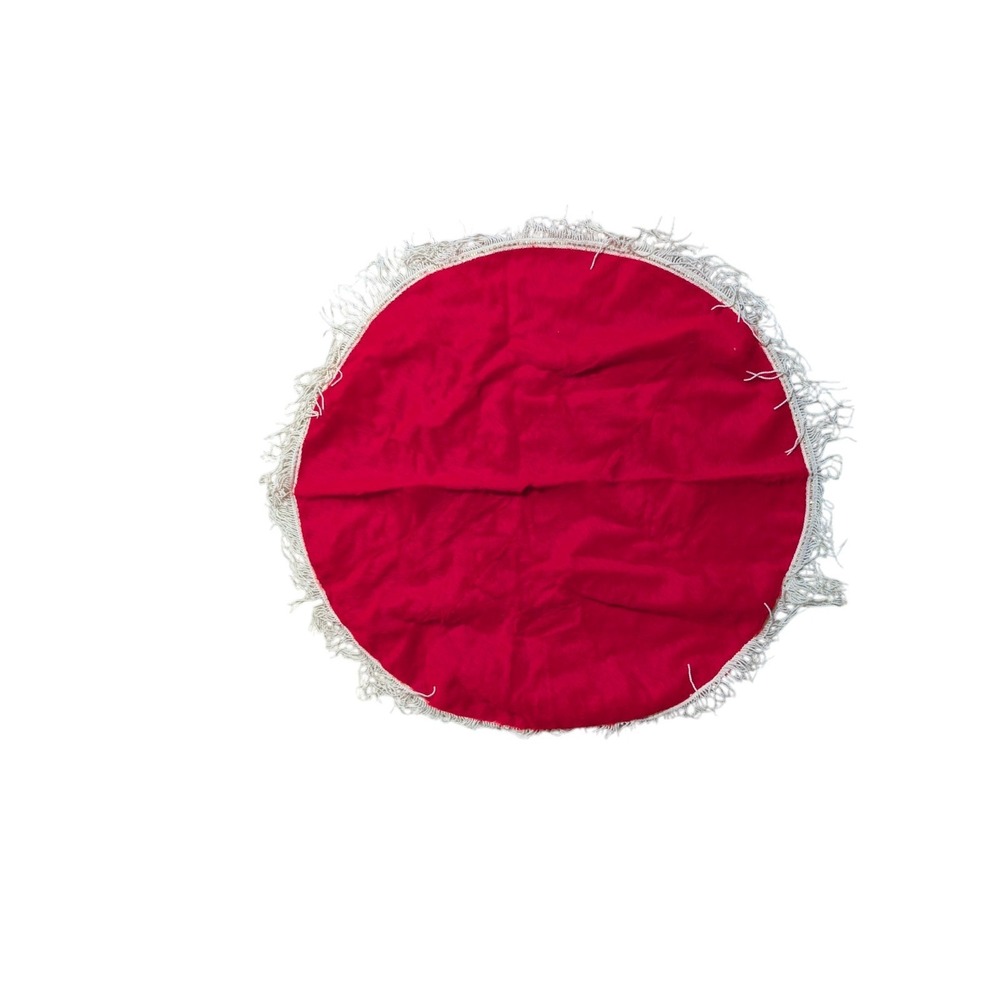 Vtg‎ Red Fuzzy Christmas Tree Skirt with White Fringe Trim Round Holiday Decor